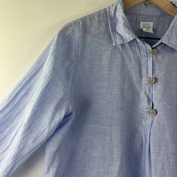 Sigrid Olsen Blue 100% Linen Popover Roll Tab Sleeves Beachy Coastal Top Size M - Picture 5 of 13